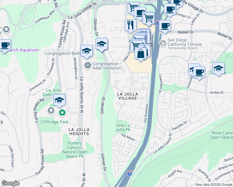 map of restaurants, bars, coffee shops, grocery stores, and more near 8440 Via Mallorca in San Diego