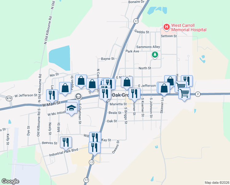 map of restaurants, bars, coffee shops, grocery stores, and more near in Oak Grove