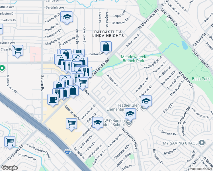 map of restaurants, bars, coffee shops, grocery stores, and more near 731 Sceptre Circle in Garland