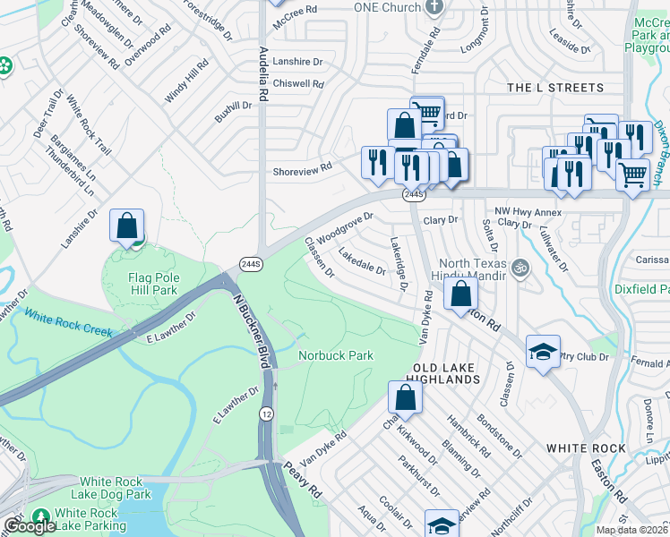 map of restaurants, bars, coffee shops, grocery stores, and more near 147 Classen Drive in Dallas