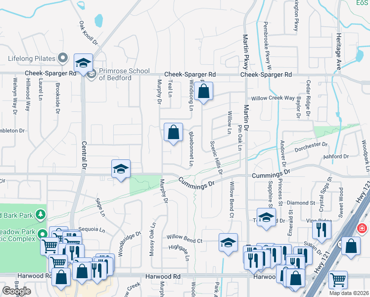 map of restaurants, bars, coffee shops, grocery stores, and more near 3009 Bluebonnet Lane in Bedford