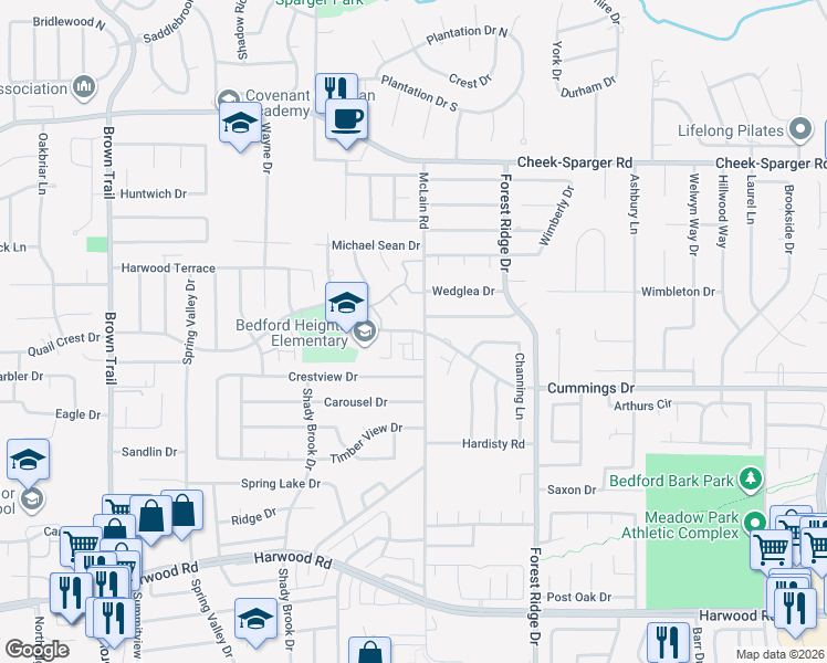 map of restaurants, bars, coffee shops, grocery stores, and more near 1200 Hillandale Court in Bedford