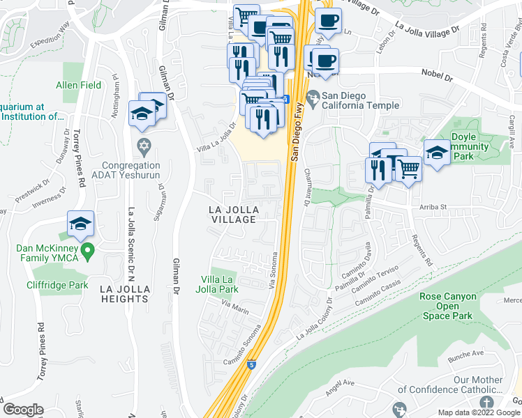 map of restaurants, bars, coffee shops, grocery stores, and more near 8585 Via Mallorca in San Diego