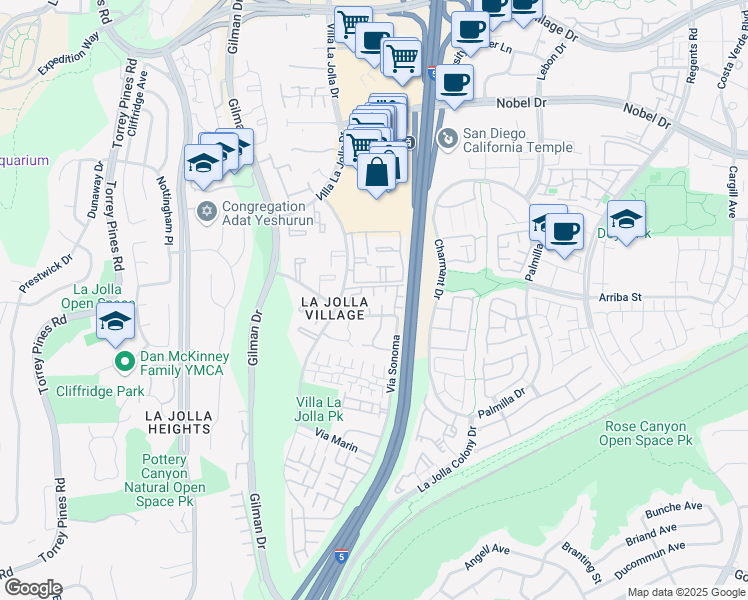 map of restaurants, bars, coffee shops, grocery stores, and more near 3430 Via Alicante in San Diego