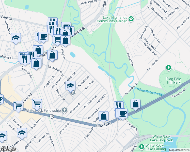 map of restaurants, bars, coffee shops, grocery stores, and more near 7130 Walling Lane in Dallas