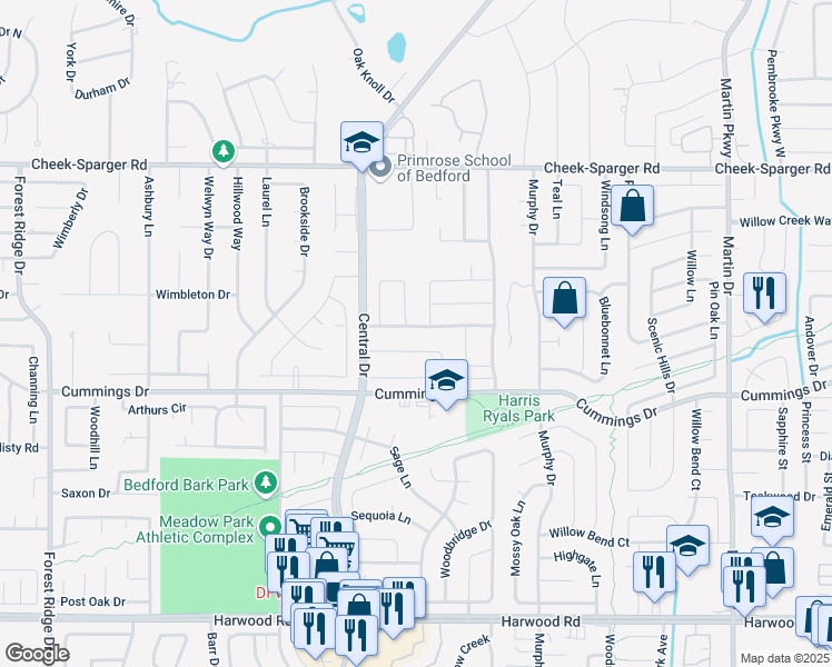 map of restaurants, bars, coffee shops, grocery stores, and more near 2408 Woodfield Way in Bedford