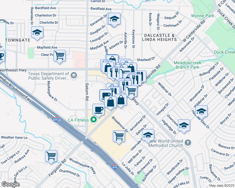 map of restaurants, bars, coffee shops, grocery stores, and more near 1000 Northwest Highway in Garland