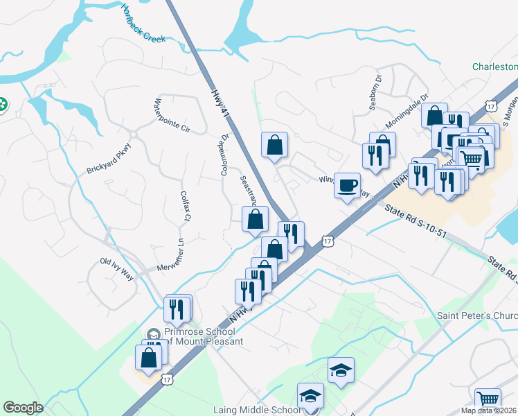 map of restaurants, bars, coffee shops, grocery stores, and more near 2738 Seastrand Lane in Mount Pleasant