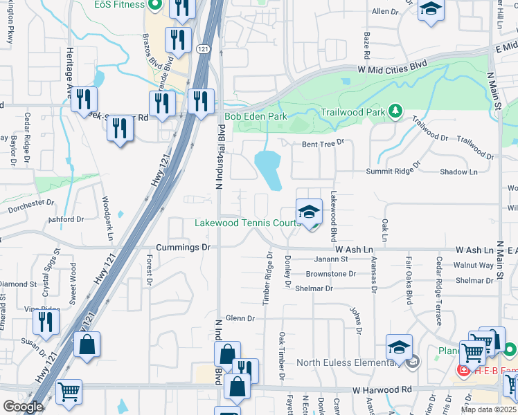 map of restaurants, bars, coffee shops, grocery stores, and more near 1723 Lake Eden Drive in Euless