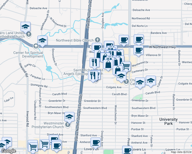 map of restaurants, bars, coffee shops, grocery stores, and more near 8111 Douglas Avenue in Dallas