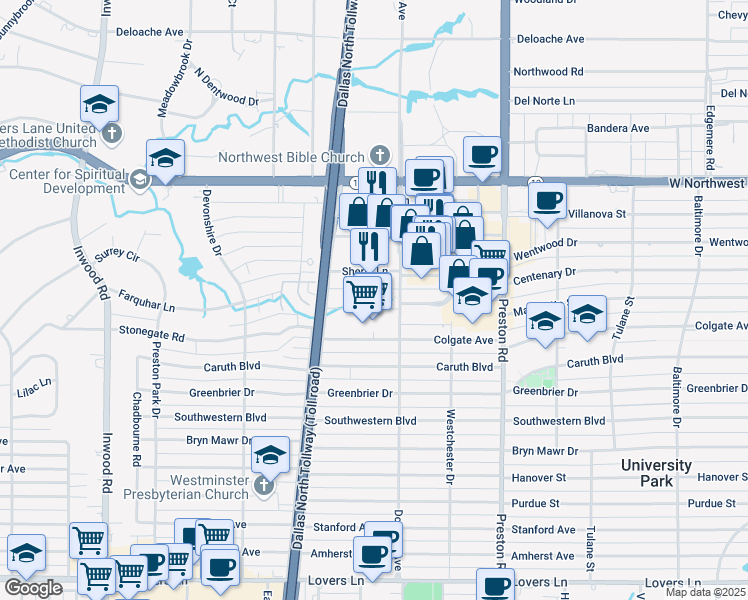 map of restaurants, bars, coffee shops, grocery stores, and more near 8111 Douglas Avenue in Dallas