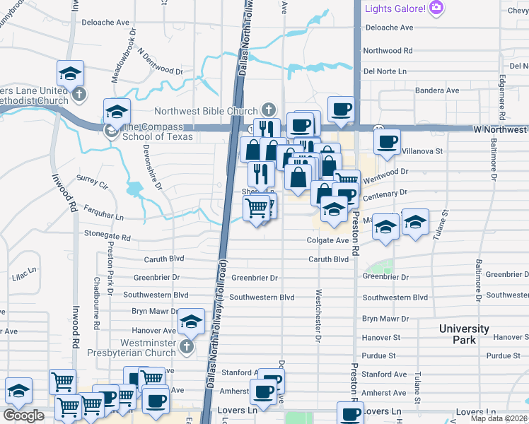 map of restaurants, bars, coffee shops, grocery stores, and more near 8111 Douglas Avenue in Dallas