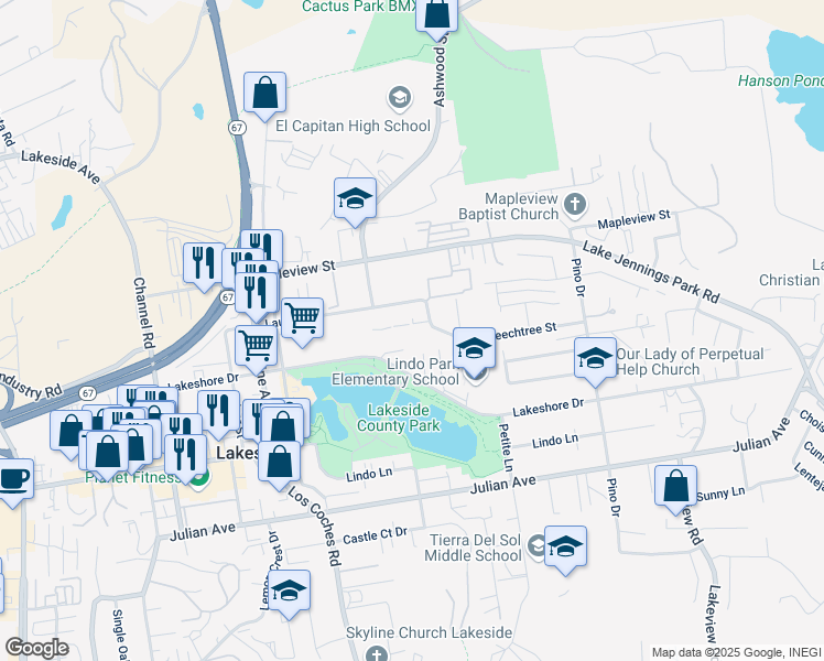 map of restaurants, bars, coffee shops, grocery stores, and more near in Lakeside