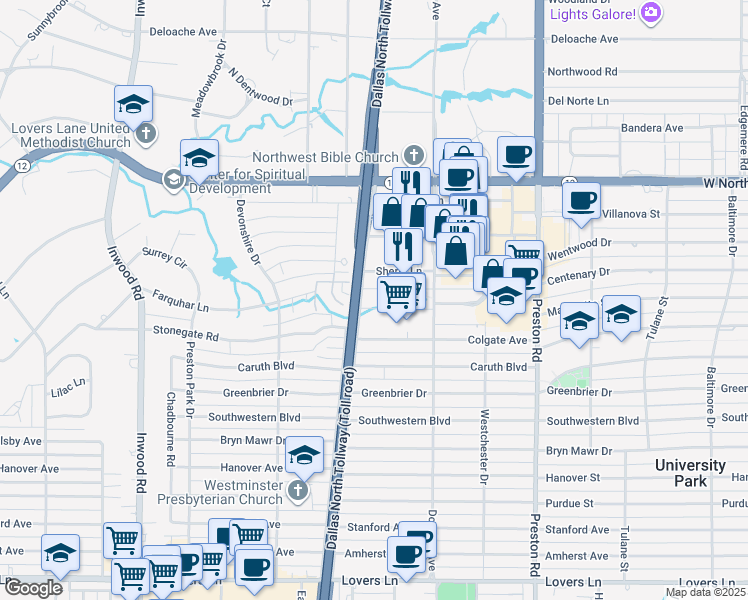 map of restaurants, bars, coffee shops, grocery stores, and more near 8100 Lomo Alto Drive in Dallas