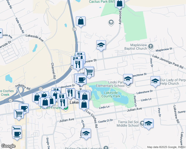 map of restaurants, bars, coffee shops, grocery stores, and more near 12618 Laurel Street in Lakeside