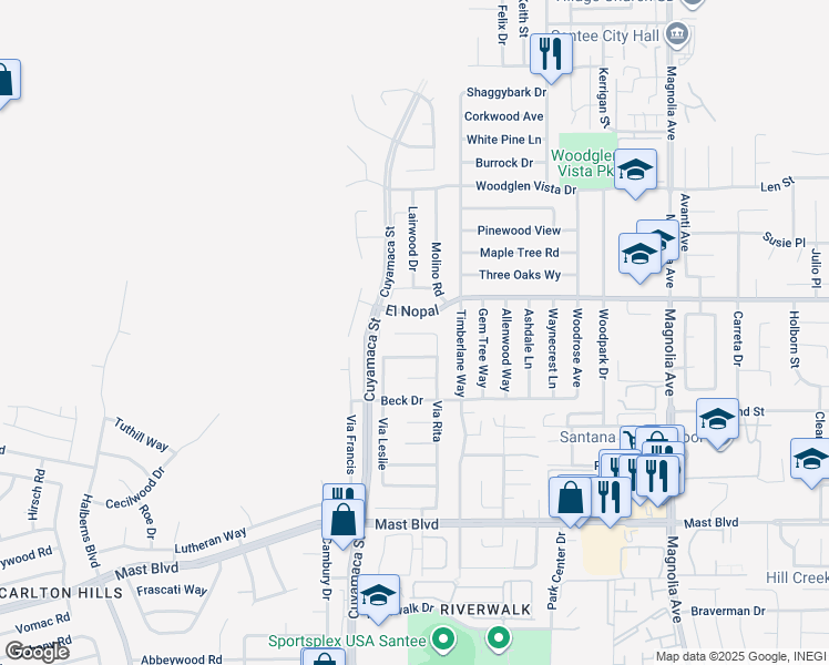 map of restaurants, bars, coffee shops, grocery stores, and more near 9952 El Nopal in Santee