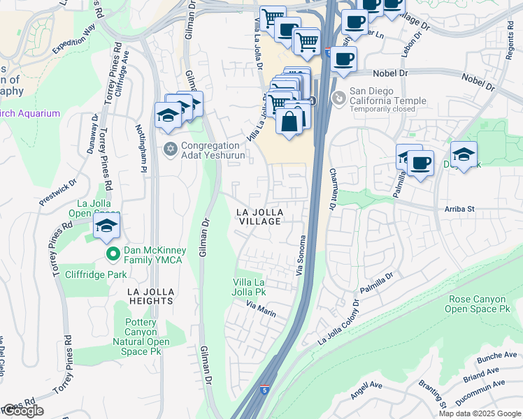 map of restaurants, bars, coffee shops, grocery stores, and more near 8524 Via Mallorca in San Diego