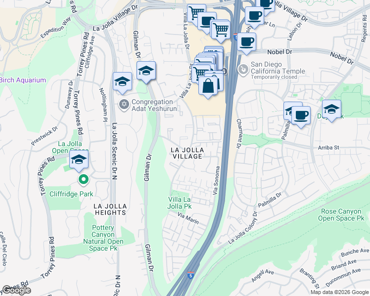 map of restaurants, bars, coffee shops, grocery stores, and more near 8524 Via Mallorca in San Diego