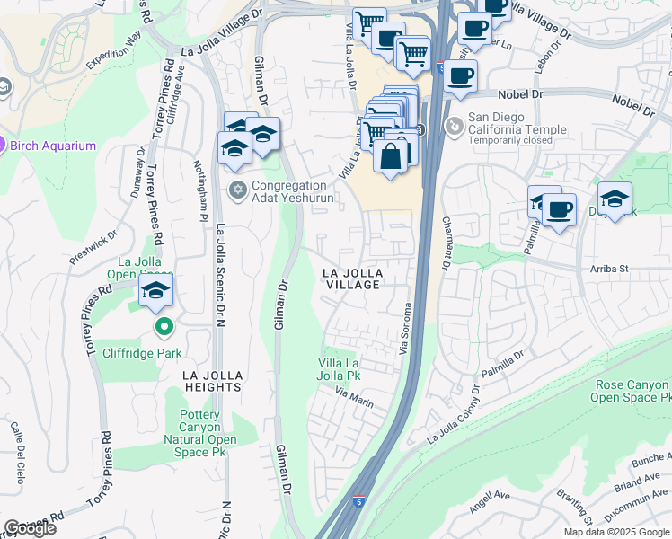 map of restaurants, bars, coffee shops, grocery stores, and more near 8524 Via Mallorca in San Diego