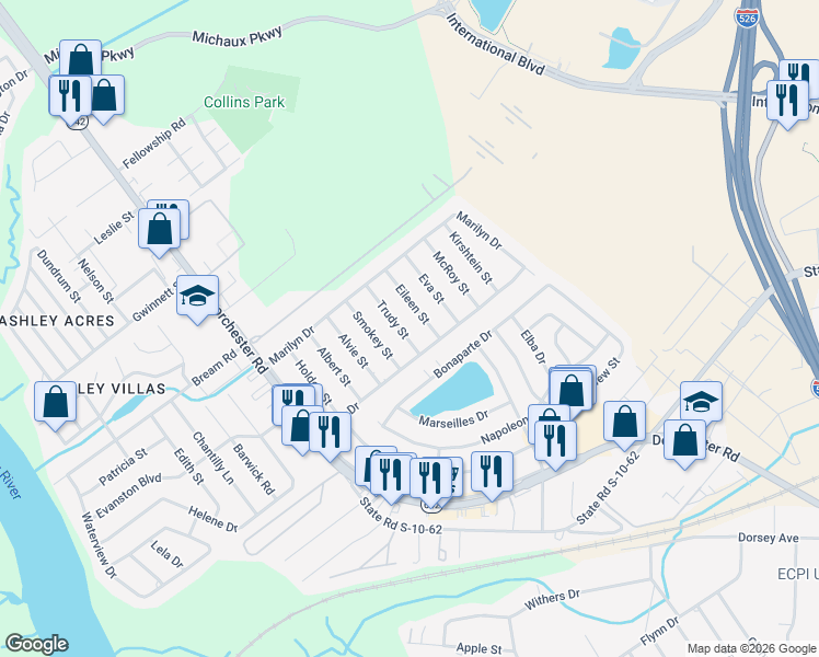 map of restaurants, bars, coffee shops, grocery stores, and more near 5308 Eileen Street in North Charleston