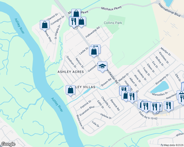 map of restaurants, bars, coffee shops, grocery stores, and more near 4356 Gwinnett Street in North Charleston