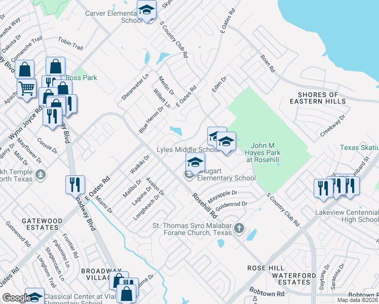 map of restaurants, bars, coffee shops, grocery stores, and more near 1125 Wendell Way in Garland