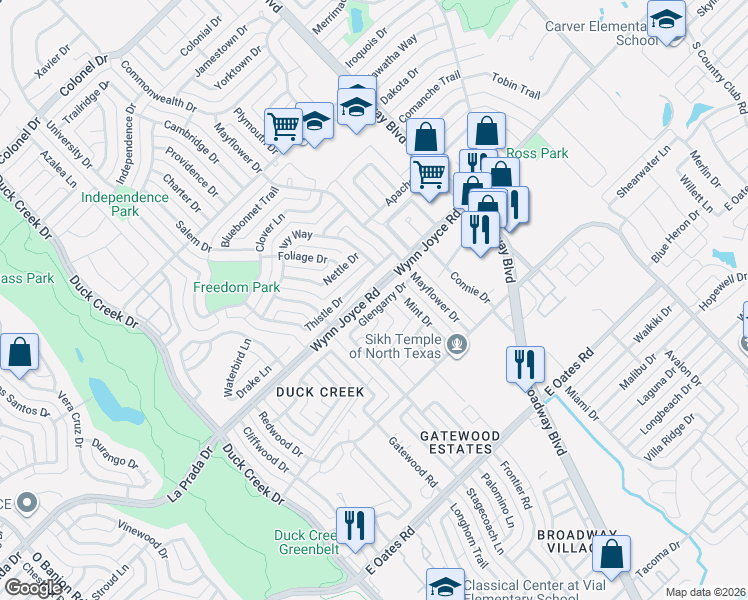 map of restaurants, bars, coffee shops, grocery stores, and more near 502 Wynn Joyce Road in Garland