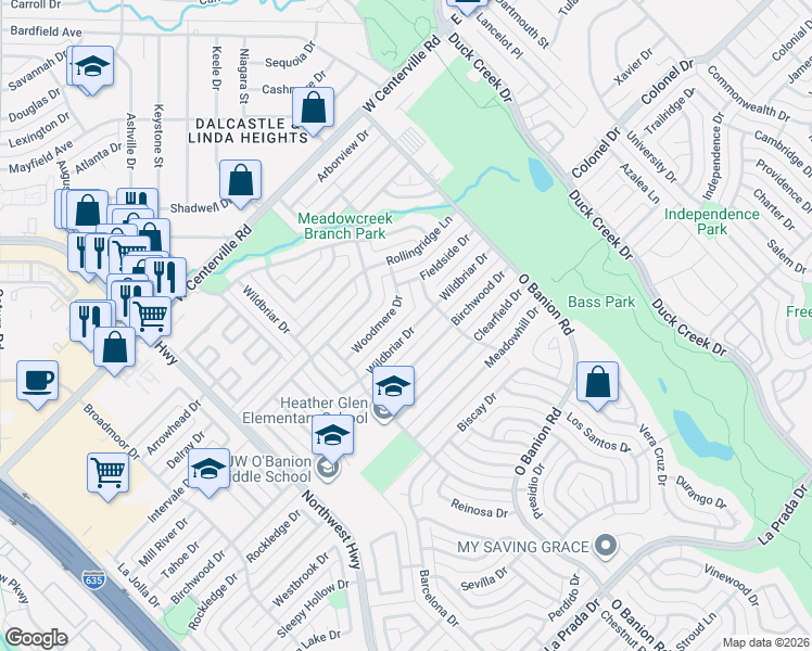map of restaurants, bars, coffee shops, grocery stores, and more near 401 Wildbriar Drive in Garland