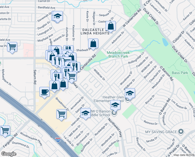map of restaurants, bars, coffee shops, grocery stores, and more near 4826 Wildbriar Drive in Garland