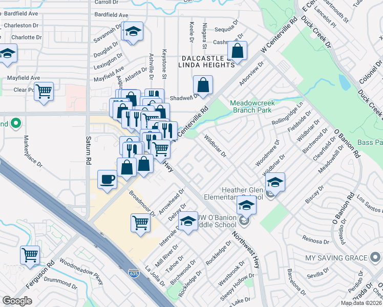 map of restaurants, bars, coffee shops, grocery stores, and more near 4810 Windward Passage in Garland