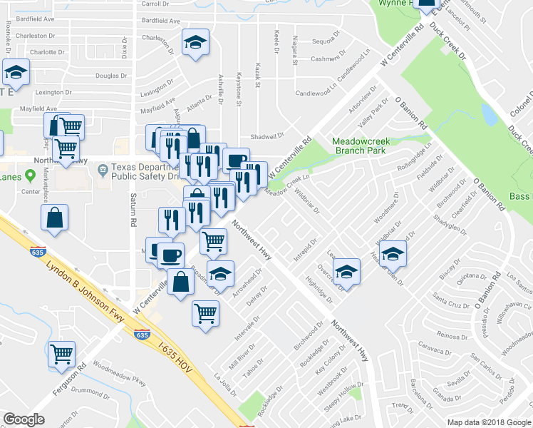 map of restaurants, bars, coffee shops, grocery stores, and more near 730 Meadow Creek Lane in Garland