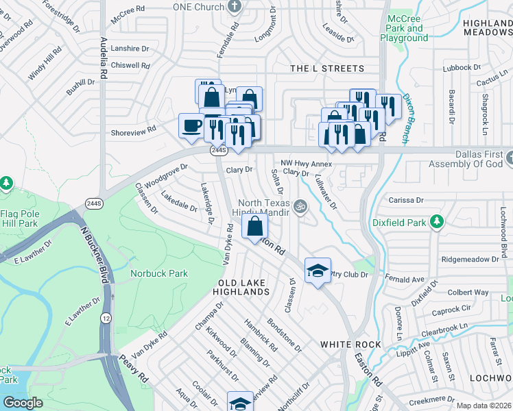 map of restaurants, bars, coffee shops, grocery stores, and more near 10165 Baronne Circle in Dallas