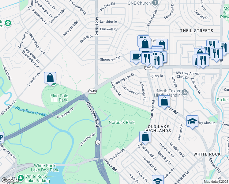 map of restaurants, bars, coffee shops, grocery stores, and more near 115 Classen Drive in Dallas