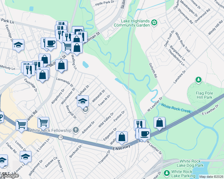 map of restaurants, bars, coffee shops, grocery stores, and more near 7130 Walling Lane in Dallas