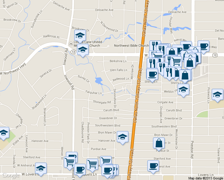 map of restaurants, bars, coffee shops, grocery stores, and more near 8923 Devonshire Drive in Dallas