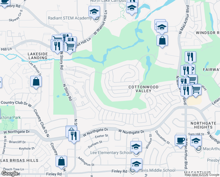 map of restaurants, bars, coffee shops, grocery stores, and more near 1805 Driskill Drive in Irving