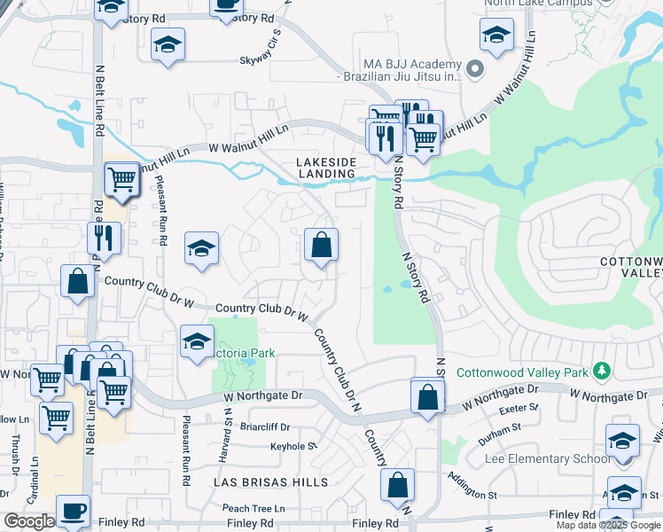 map of restaurants, bars, coffee shops, grocery stores, and more near 4267 Cuesta Drive in Irving
