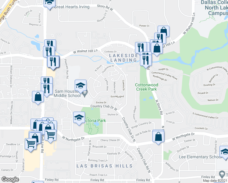map of restaurants, bars, coffee shops, grocery stores, and more near 4241 Madera Road in Irving