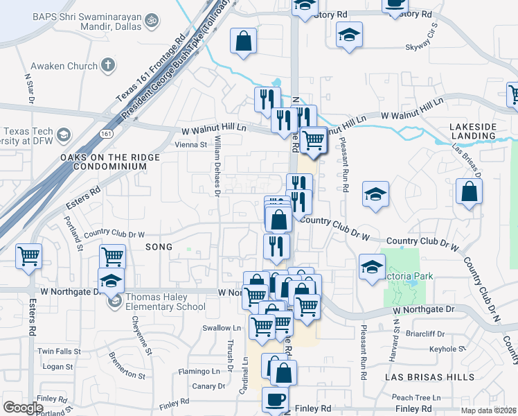 map of restaurants, bars, coffee shops, grocery stores, and more near 3437 Country Club Drive West in Irving