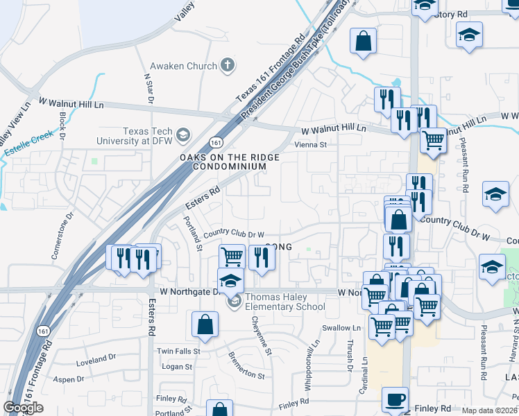map of restaurants, bars, coffee shops, grocery stores, and more near 3828 Cheyenne Street in Irving