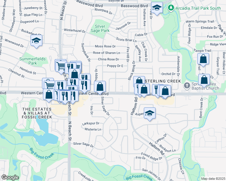 map of restaurants, bars, coffee shops, grocery stores, and more near 6712 Dandelion Drive in Fort Worth