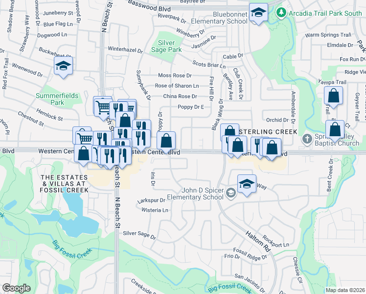 map of restaurants, bars, coffee shops, grocery stores, and more near 6712 Dandelion Drive in Fort Worth