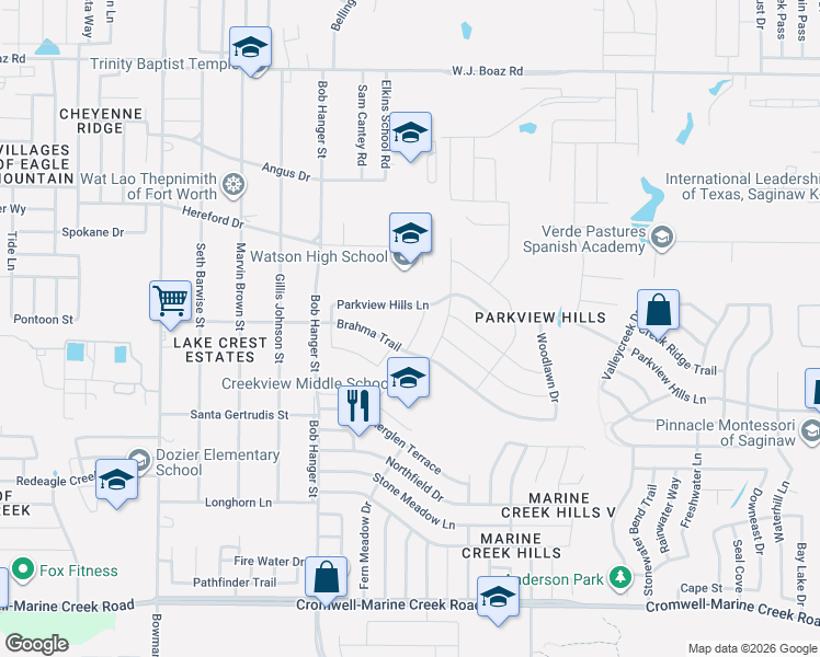 map of restaurants, bars, coffee shops, grocery stores, and more near 6848 Turtle Stream Drive in Fort Worth