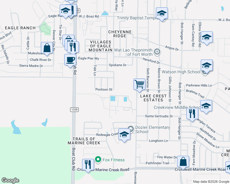 map of restaurants, bars, coffee shops, grocery stores, and more near 6912 Freeboard Way in Fort Worth