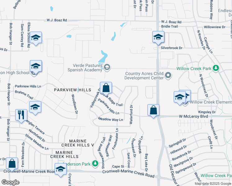 map of restaurants, bars, coffee shops, grocery stores, and more near 4916 Water Ridge Lane in Fort Worth