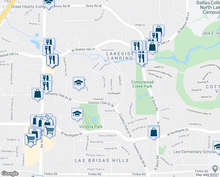 map of restaurants, bars, coffee shops, grocery stores, and more near 4241 Madera Road in Irving