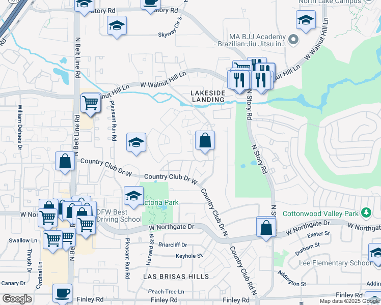 map of restaurants, bars, coffee shops, grocery stores, and more near 4241 Madera Road in Irving