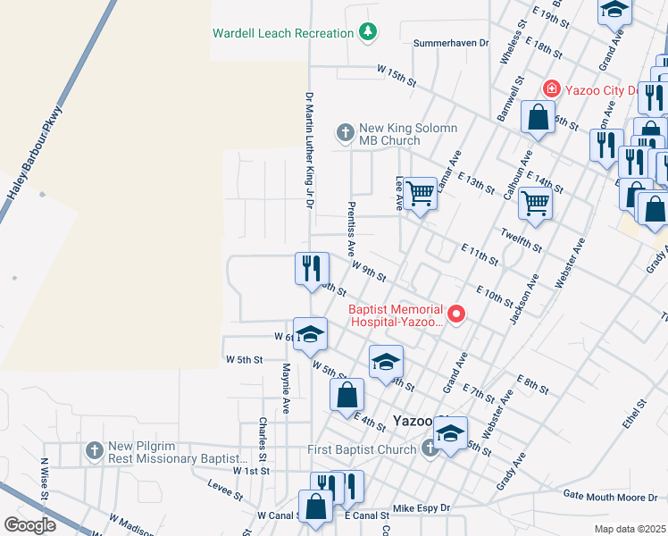 map of restaurants, bars, coffee shops, grocery stores, and more near 925 Prentiss Avenue in Yazoo City