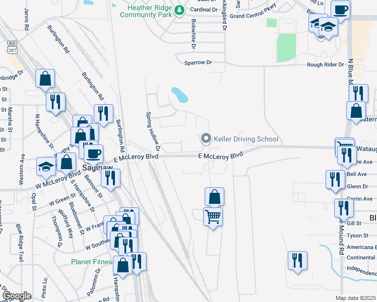 map of restaurants, bars, coffee shops, grocery stores, and more near 451 East McLeroy Boulevard in Saginaw