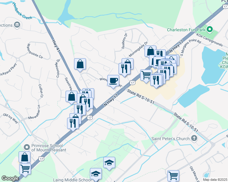 map of restaurants, bars, coffee shops, grocery stores, and more near 1135 Muhlenbergia Drive in Mount Pleasant